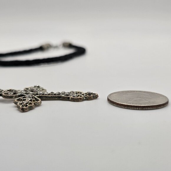 Silver Tone Necklace Corded Cross Beaded Dark Whimsigoth Religious Faith Jewelry - Picture 3 of 6